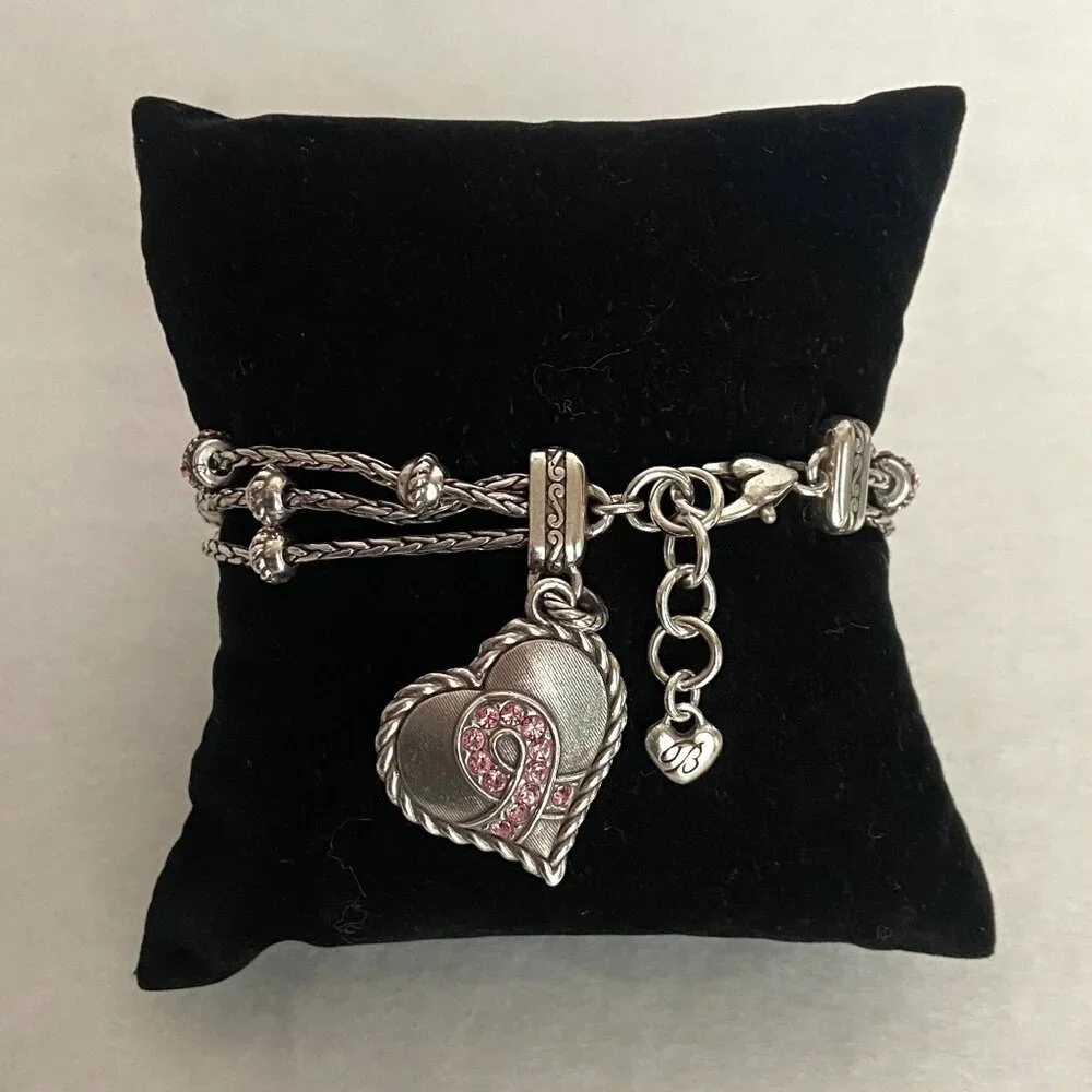 Brighton Power Of Pink Crystal Heart Charm 3 Strand Breast Cancer Bracelet